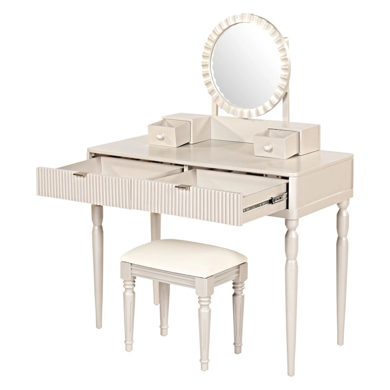 Luxury Vanity Desk with Round Mirror,Height-Adjustable, Stylish Dressing Table Set, 4 Drawers & Stool