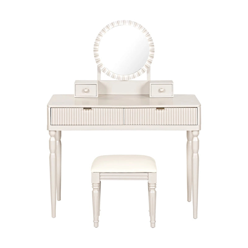 Luxury Vanity Desk with Round Mirror,Height-Adjustable, Stylish Dressing Table Set, 4 Drawers & Stool