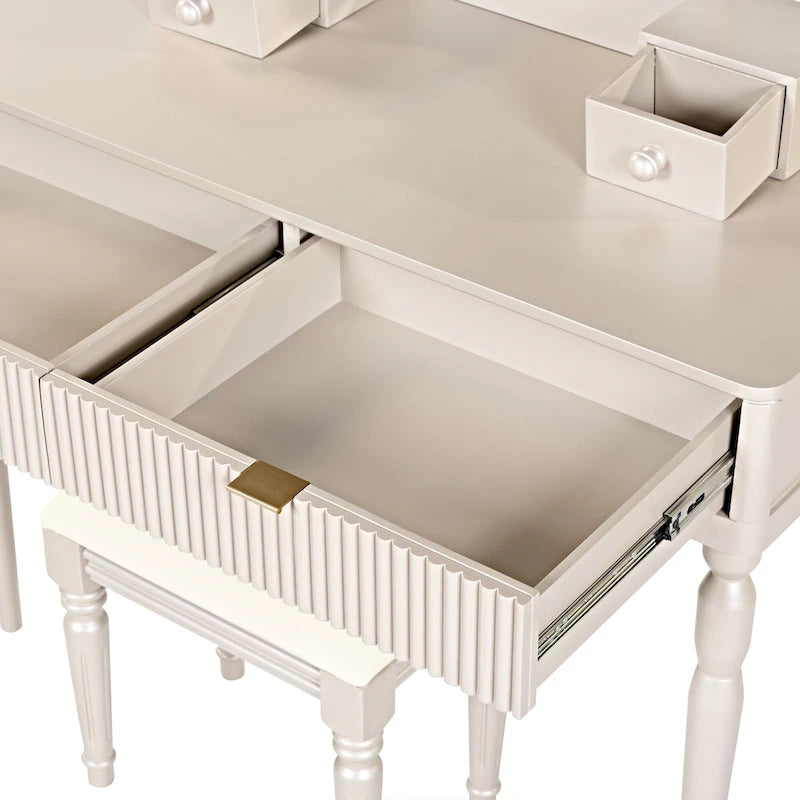 Luxury Vanity Desk with Round Mirror,Height-Adjustable, Stylish Dressing Table Set, 4 Drawers & Stool