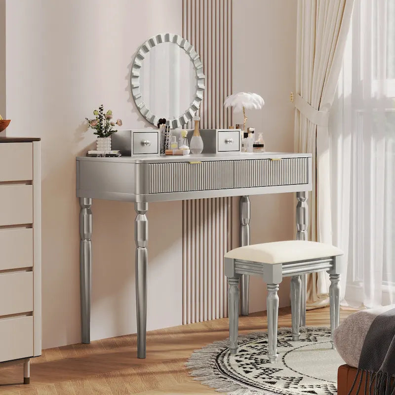Luxury Vanity Desk with Round Mirror,Height-Adjustable, Stylish Dressing Table Set, 4 Drawers & Stool