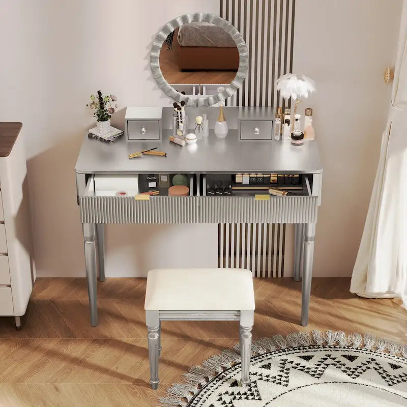 Luxury Vanity Desk with Round Mirror,Height-Adjustable, Stylish Dressing Table Set, 4 Drawers & Stool