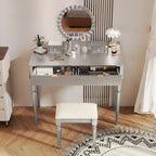 Luxury Vanity Desk with Round Mirror,Height-Adjustable, Stylish Dressing Table Set, 4 Drawers & Stool