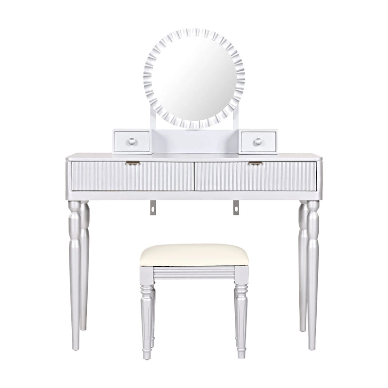 Luxury Vanity Desk with Round Mirror,Height-Adjustable, Stylish Dressing Table Set, 4 Drawers & Stool