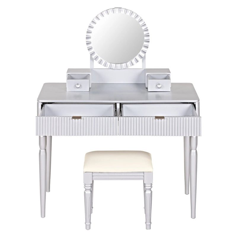 Luxury Vanity Desk with Round Mirror,Height-Adjustable, Stylish Dressing Table Set, 4 Drawers & Stool