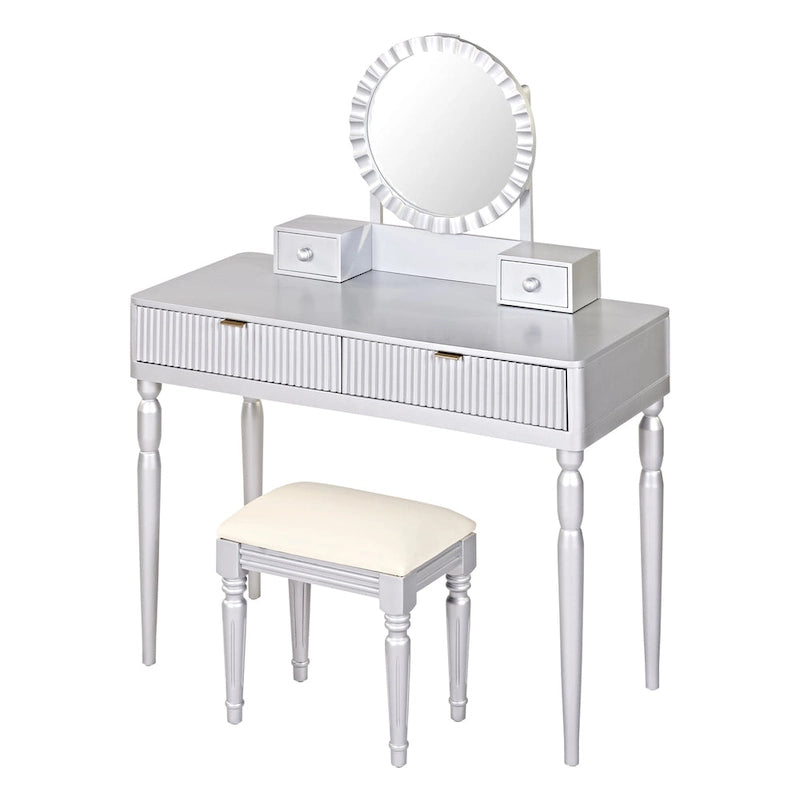 Luxury Vanity Desk with Round Mirror,Height-Adjustable, Stylish Dressing Table Set, 4 Drawers & Stool