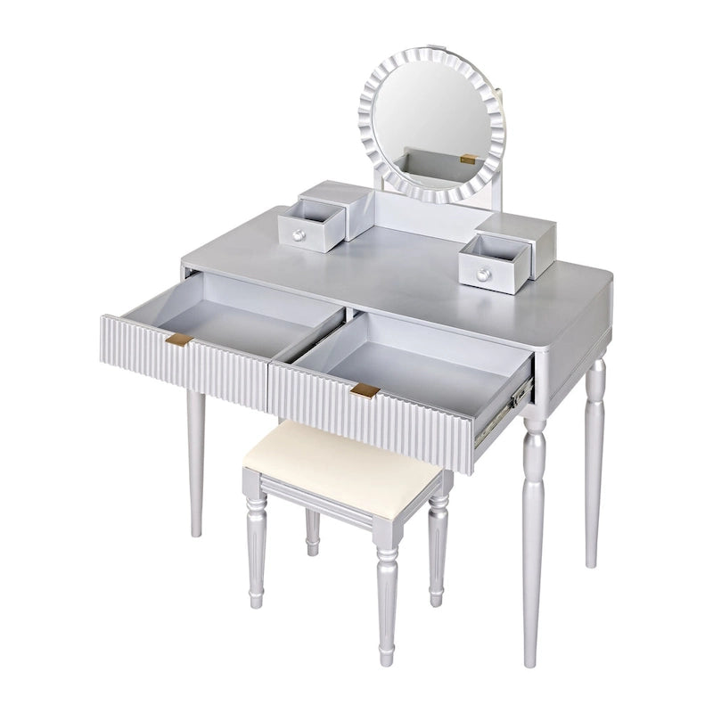 Luxury Vanity Desk with Round Mirror,Height-Adjustable, Stylish Dressing Table Set, 4 Drawers & Stool