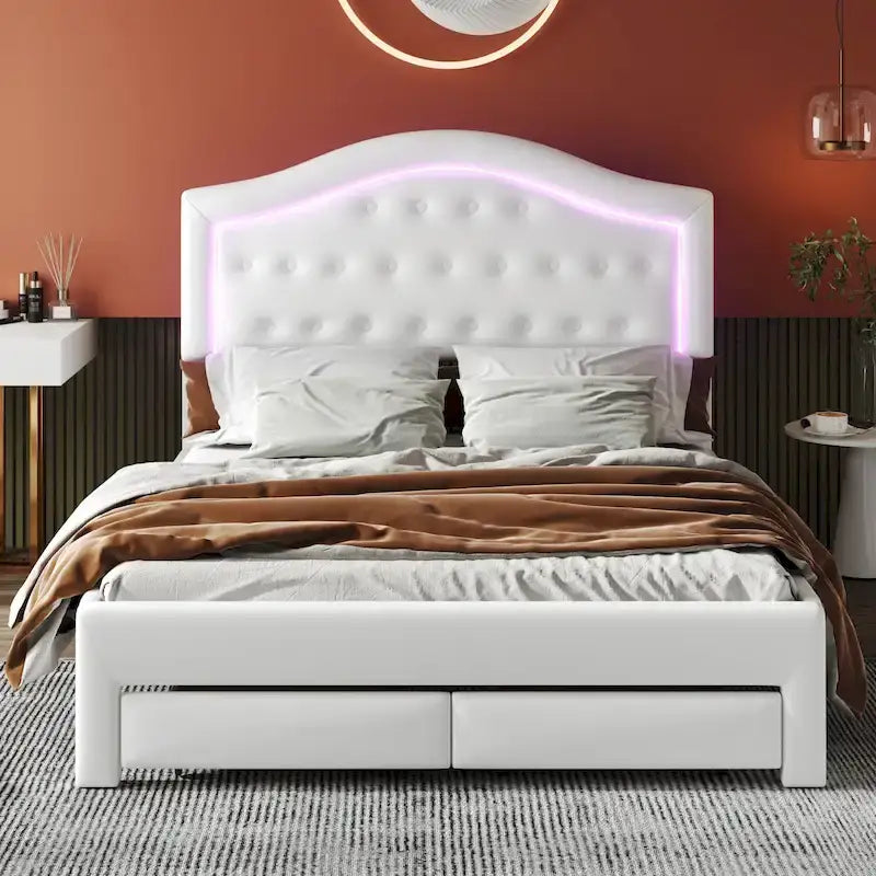 White Queen Size Upholstered Bed with Tufted Headboard, LED & 2 Drawers