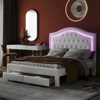 White Queen Size Upholstered Bed with Tufted Headboard, LED & 2 Drawers