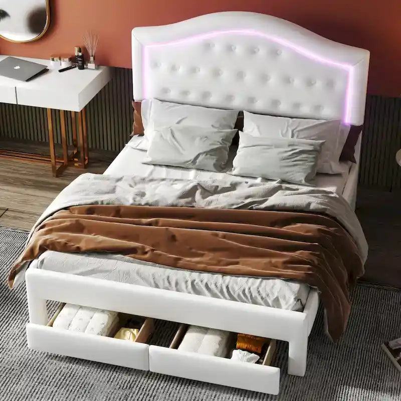 White Queen Size Upholstered Bed with Tufted Headboard, LED & 2 Drawers