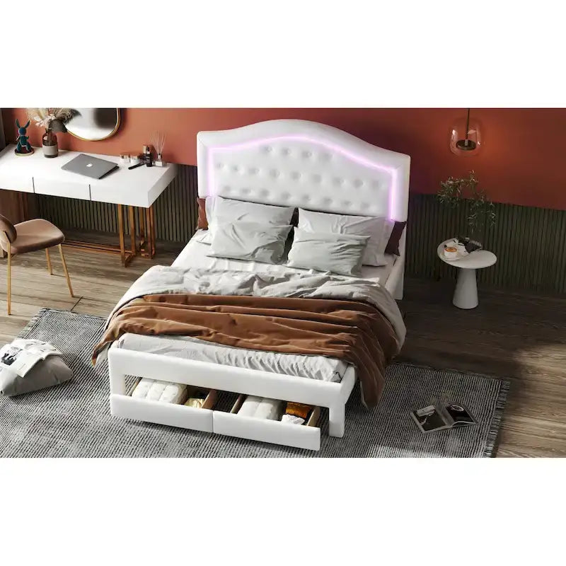 White Queen Size Upholstered Bed with Tufted Headboard, LED & 2 Drawers