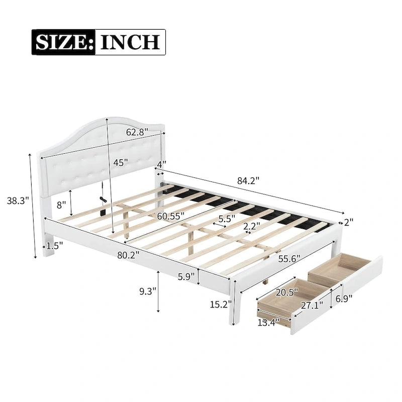 White Queen Size Upholstered Bed with Tufted Headboard, LED & 2 Drawers