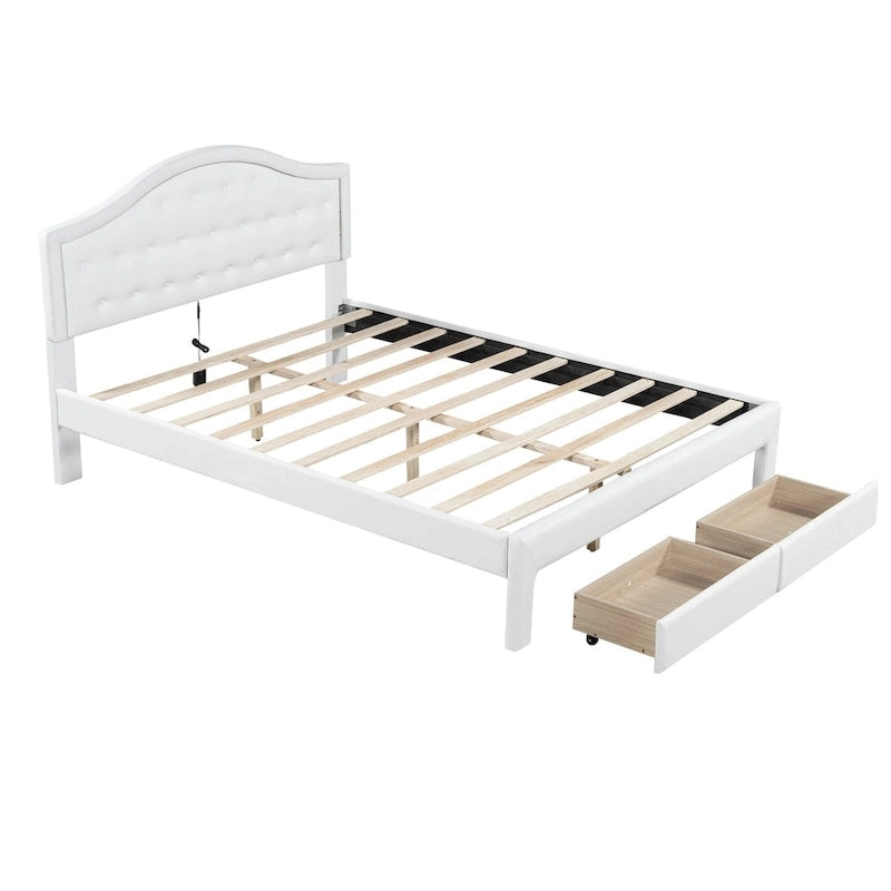 White Queen Size Upholstered Bed with Tufted Headboard, LED & 2 Drawers