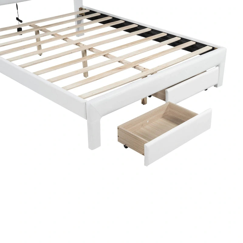 White Queen Size Upholstered Bed with Tufted Headboard, LED & 2 Drawers