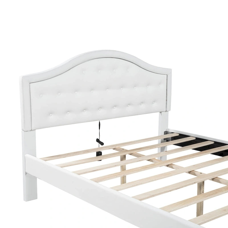 White Queen Size Upholstered Bed with Tufted Headboard, LED & 2 Drawers