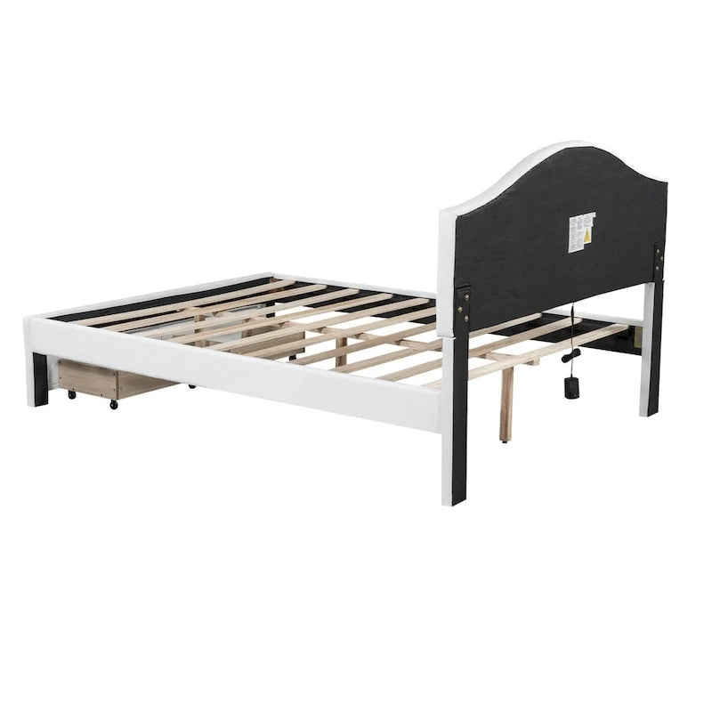 White Queen Size Upholstered Bed with Tufted Headboard, LED & 2 Drawers