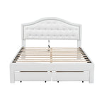 White Queen Size Upholstered Bed with Tufted Headboard, LED & 2 Drawers
