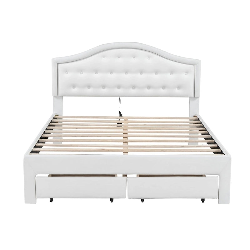 White Queen Size Upholstered Bed with Tufted Headboard, LED & 2 Drawers