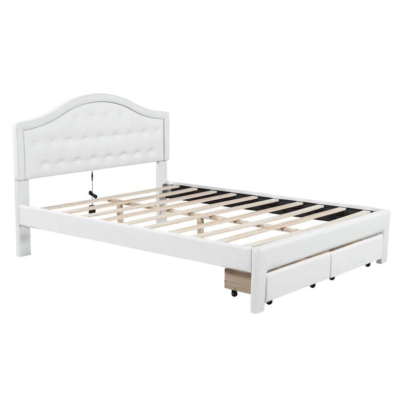 White Queen Size Upholstered Bed with Tufted Headboard, LED & 2 Drawers
