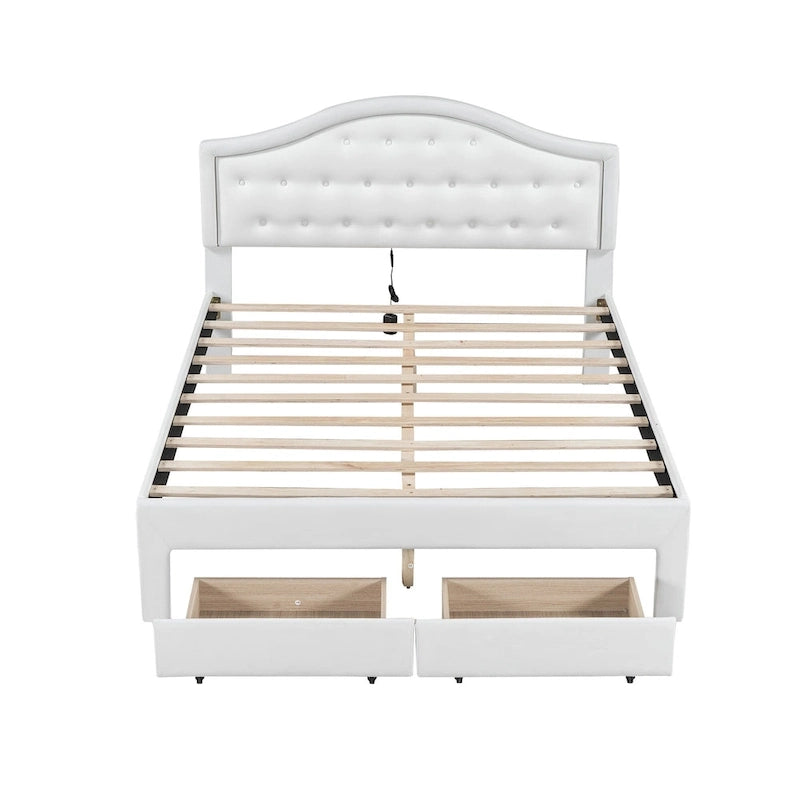 White Queen Size Upholstered Bed with Tufted Headboard, LED & 2 Drawers