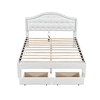 White Queen Size Upholstered Bed with Tufted Headboard, LED & 2 Drawers
