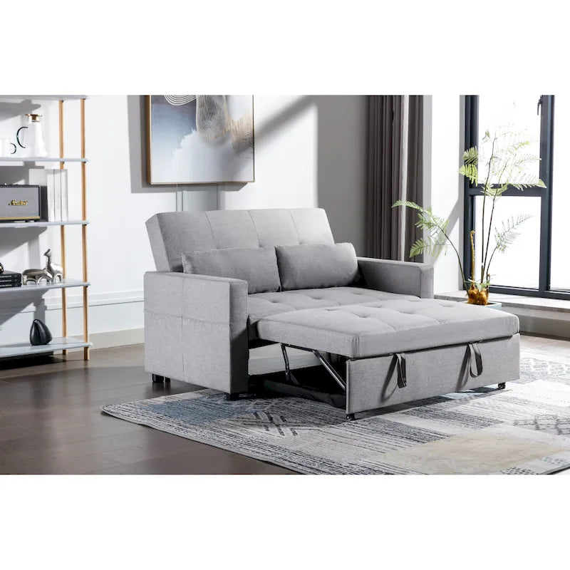 Light Grey Linen Convertible Loveseat Sofa Bed with Side Pockets
