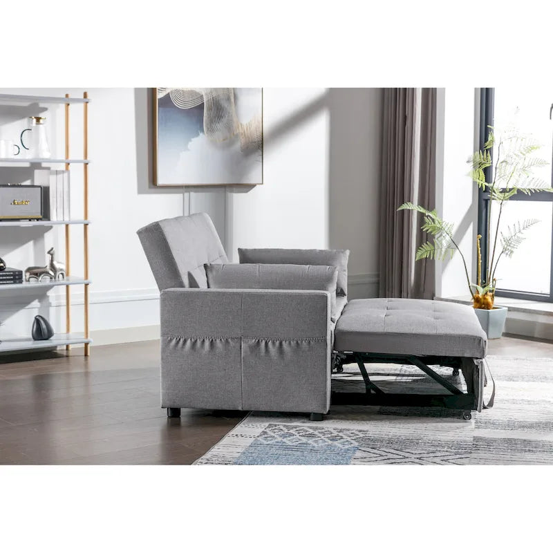 Light Grey Linen Convertible Loveseat Sofa Bed with Side Pockets
