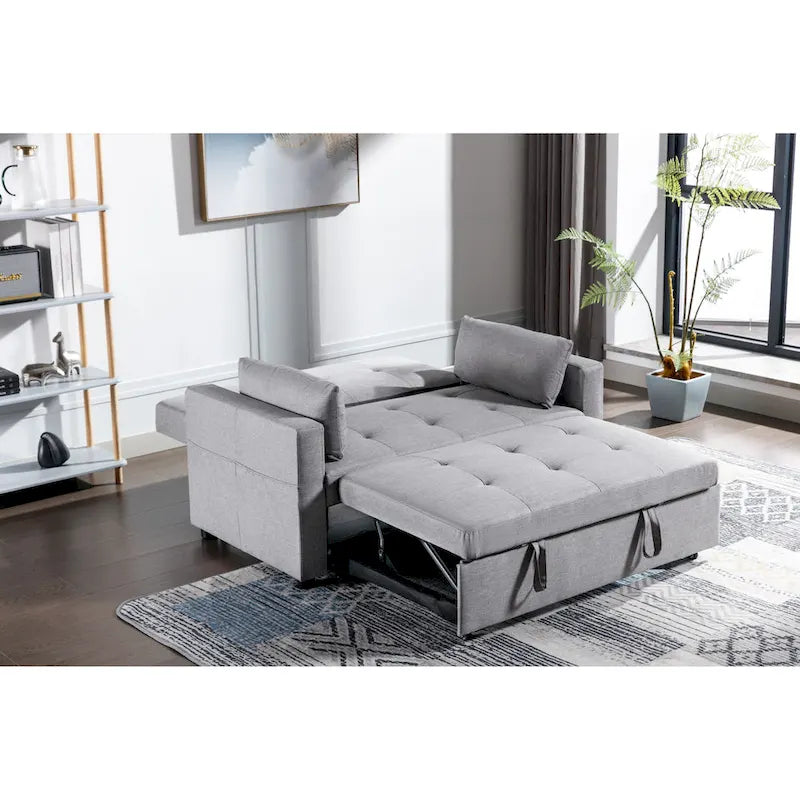 Light Grey Linen Convertible Loveseat Sofa Bed with Side Pockets