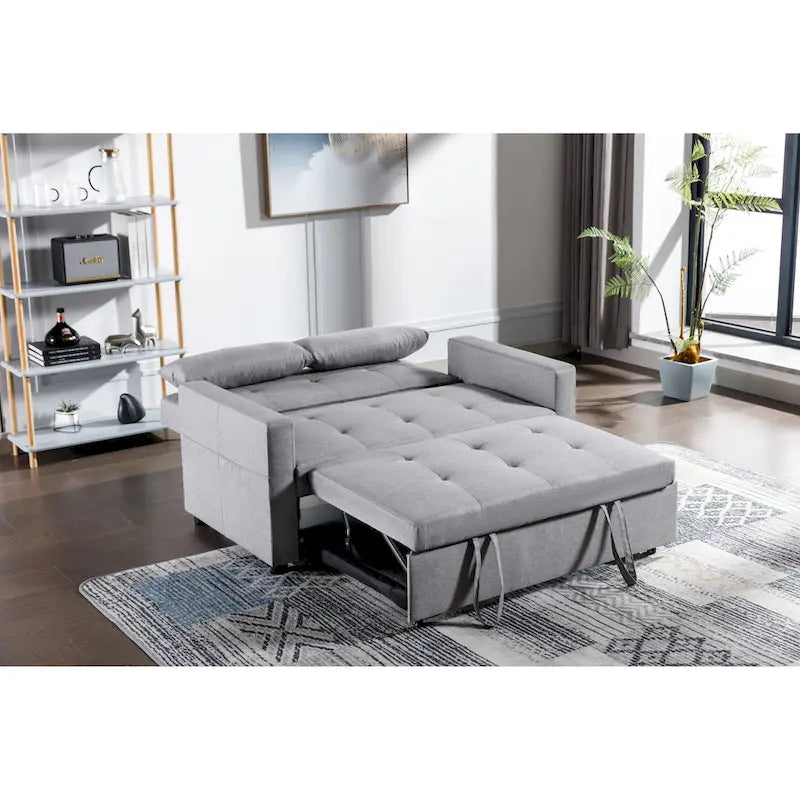 Light Grey Linen Convertible Loveseat Sofa Bed with Side Pockets