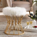 Leonie Faux Fur Upholstered Metal Ottoman White/Gold - Baxton Studio