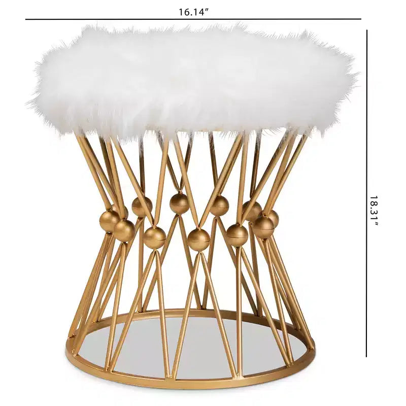 Pouf in metallo rivestito in finta pelliccia, Bianco/Oro, Completamente assemblato