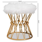 Pouf in metallo rivestito in finta pelliccia, Bianco/Oro, Completamente assemblato