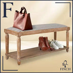 Finch Graydon Upholstered Bench Distressed Natural: Cottage Style, Storage Shelf, Polyester Upholstery, Wood Frame