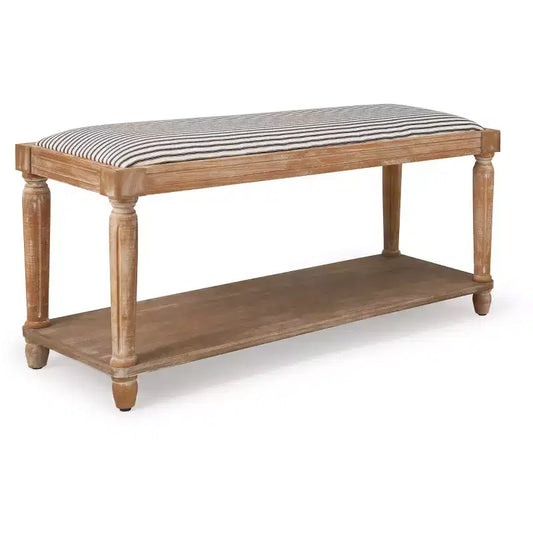 Cottage Style Upholstered Bench with Storage Shelf, Distressed Natural, 400 lb Capacity