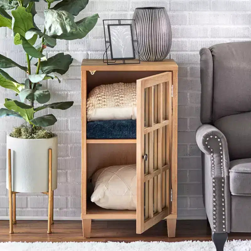 Cassettiera con anta a specchio Modern Farmhouse, naturale, pino e MDF