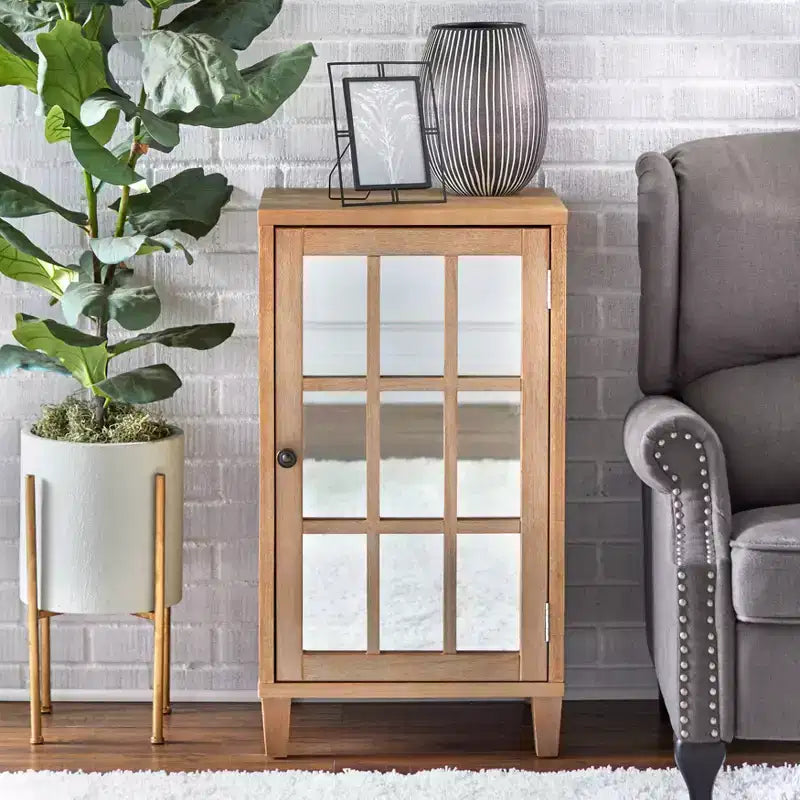 Cassettiera con anta a specchio Modern Farmhouse, naturale, pino e MDF