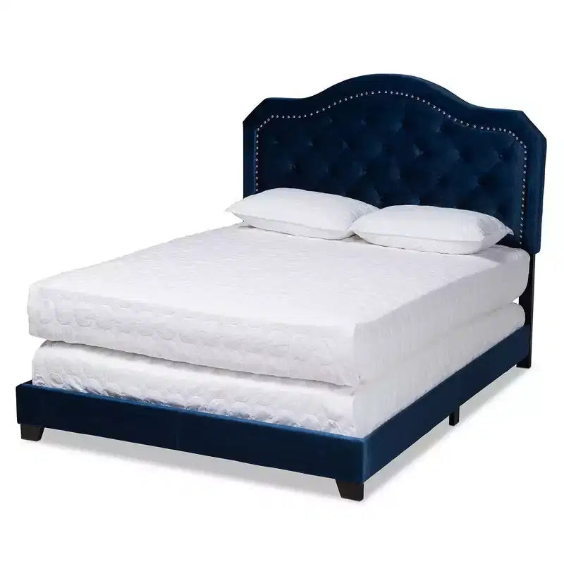 Queen Samantha Velvet Upholstered Button Tufted Bed Navy Blue/Black - Baxton Studio: Glamorous, Silver Nailhead Detail, Requires Box Spring
