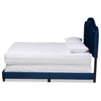 Letto Queen imbottito in velluto con bottoni, blu navy/nero, dettagli borchie argentate