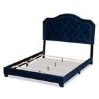 Letto Queen imbottito in velluto con bottoni, blu navy/nero, dettagli borchie argentate