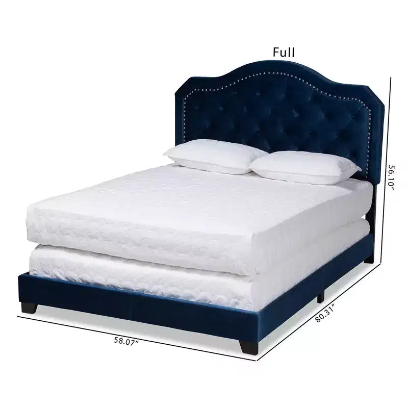 Letto Queen imbottito in velluto con bottoni, blu navy/nero, dettagli borchie argentate