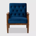 Poltrona lounge imbottita in velluto Mid-Century, con bottoni trapuntati, struttura in legno di gomma