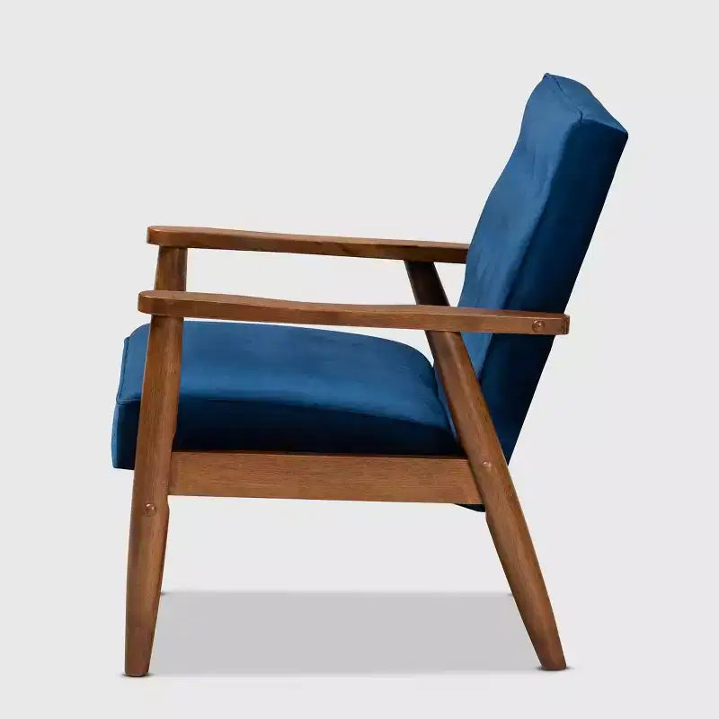 Poltrona lounge imbottita in velluto Mid-Century, con bottoni trapuntati, struttura in legno di gomma