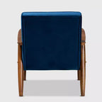 Poltrona lounge imbottita in velluto Mid-Century, con bottoni trapuntati, struttura in legno di gomma