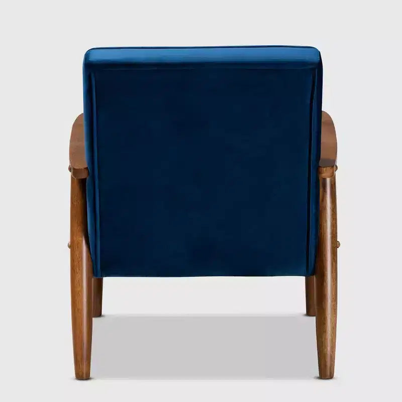 Poltrona lounge imbottita in velluto Mid-Century, con bottoni trapuntati, struttura in legno di gomma