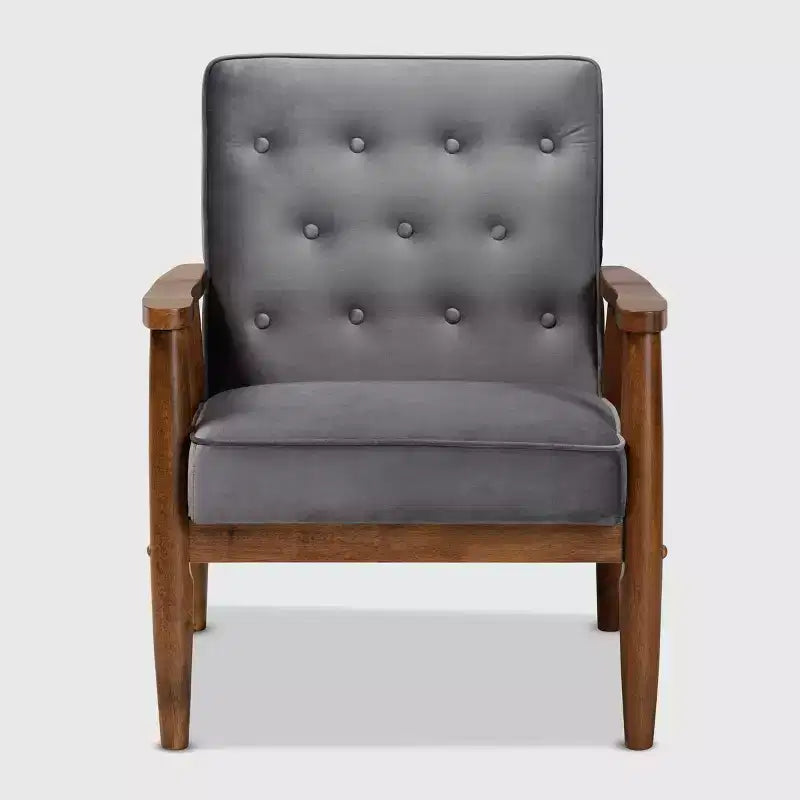 Poltrona lounge imbottita in velluto Mid-Century, con bottoni trapuntati, struttura in legno di gomma