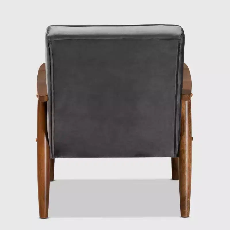 Poltrona lounge imbottita in velluto Mid-Century, con bottoni trapuntati, struttura in legno di gomma