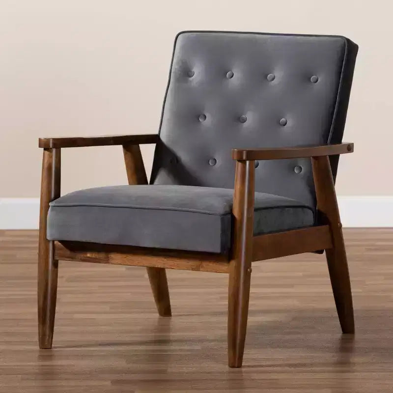 Poltrona lounge imbottita in velluto Mid-Century, con bottoni trapuntati, struttura in legno di gomma