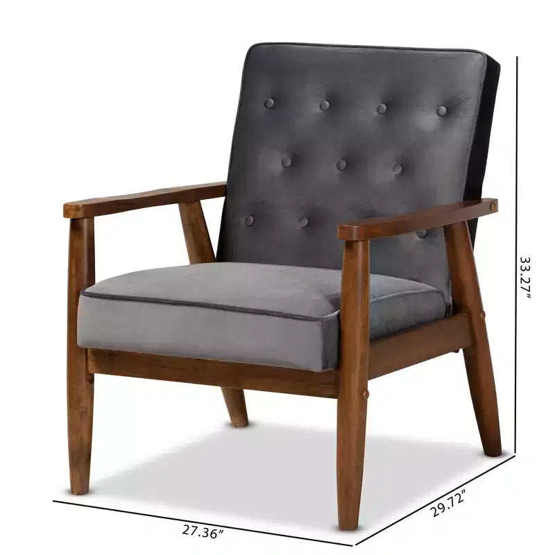 Poltrona lounge imbottita in velluto Mid-Century, con bottoni trapuntati, struttura in legno di gomma