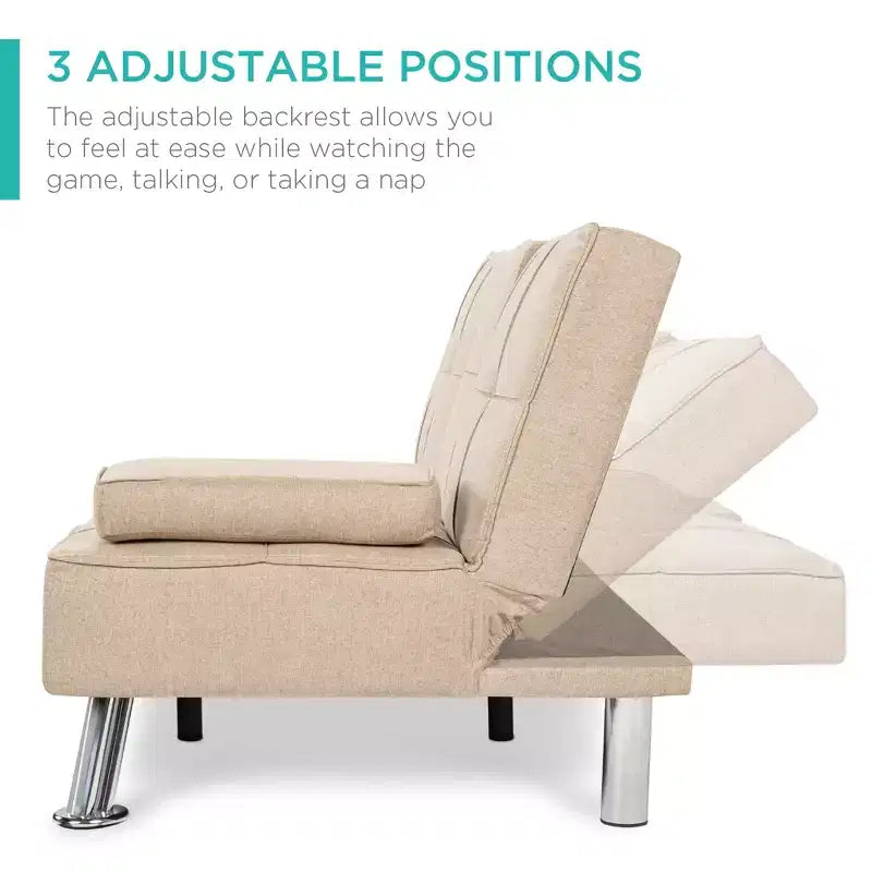 Divano Letto Futon Convertibile Moderno in Lino Best Choice Products con Braccioli Rimovibili, Gambe in Metallo, Portabicchieri