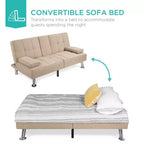 Divano Letto Futon Convertibile Moderno in Lino Best Choice Products con Braccioli Rimovibili, Gambe in Metallo, Portabicchieri
