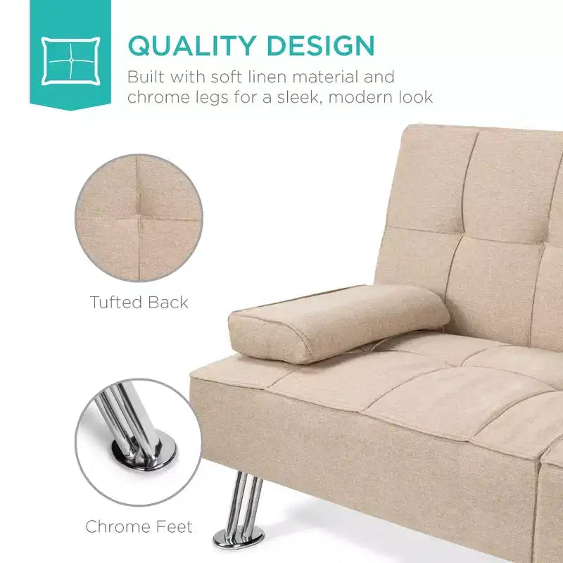 Divano Letto Futon Convertibile Moderno in Lino Best Choice Products con Braccioli Rimovibili, Gambe in Metallo, Portabicchieri